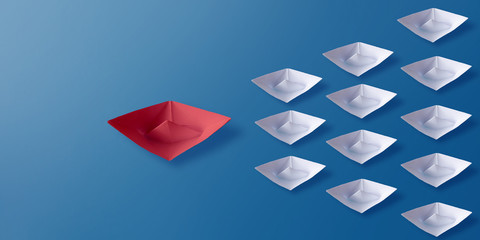 Leadership Concept, Red Origami Paper Boat Leading Group of White Boats