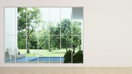 The interior minimal Empty space 3d rendering and nature view background	