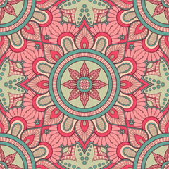 Decorative colorful ethnic seamless pattern for fabric or wrapping in oriental style. Hand drawn illustration