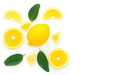 lemon isolated on white background with copy space.Lemon sliced with. leaves