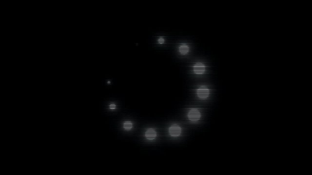 Abstract animation of white spinning bubbles rotating in a loading wheel on black background. Animation. White loading circle icon on black
