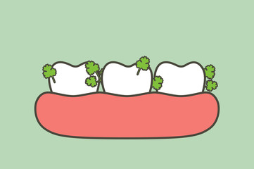 vegetable stuck in teeth, cause of decay tooth and bad breath - dental cartoon vector flat style