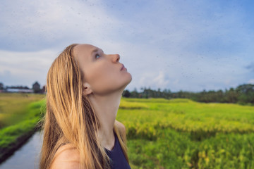 Mosquitoes around a woman on the nature on the field