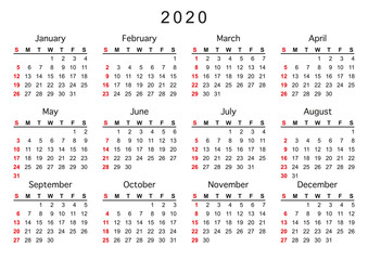calendar 2020, week starts on Sunday, basic business template. vector illustration
