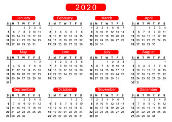 calendar 2020, week starts on Sunday, basic business template. vector illustration