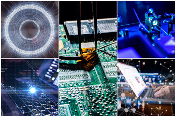 collage of five photos of modern new smart technologies theme