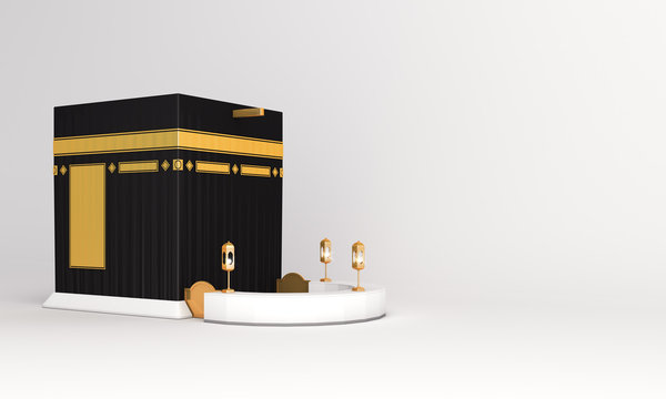 Holy Kaaba on white background. Design concept of islamic celebration eid al adha or hajj. 3D  illustration. 3D rendering illustration.