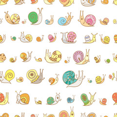 Vector seamless pattern with cute cartoon snails on white  background.