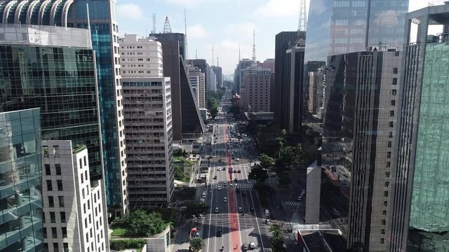 Aerial image made with drone on Avenida Paulista, commercial center of the city of São Paulo, Brazil.