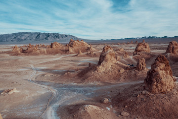 mountains of trona pinnacles from above. Blue sky