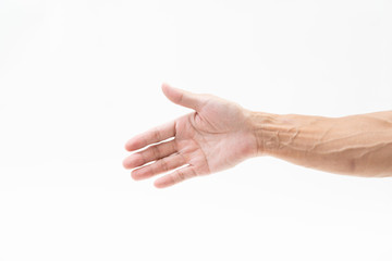 Man hand arm on white background