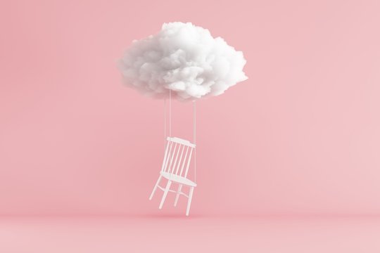 Cloud Floating above white chair on pink background. Minimal idea concept. 3D render.