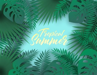 Fototapeta na wymiar Tropical summer background . tropical leaves paper art style. Vector.