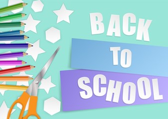 Back to school. design with colorful pencils,notebook paper and Scissors, light and shadows. Vector