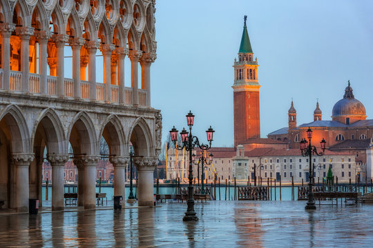 Piazza San Marco at dusk, view on san giorgio maggiore, Vinice, Italy