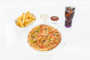 Delicious, tasty, fresh and italian chicken pizza menu with salad, french fries and coke. View chicken pizza in restaurant at napoli. Pizza on plate from top view.
