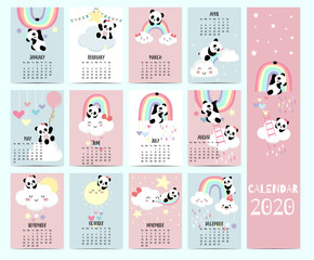 Animal calendar 2020 with panda,bear,rainbow for children.Monthly calendar can be used for printable graphic and website.Editable element