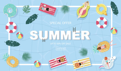 Summer sale background with tiny people,umbrellas, ball,float  in the top view pool.Vector summer banner