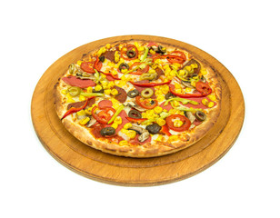 Delicious, tasty, fresh and italian pepperoni or margherita pizza isolated on white. View of mixed pizza in restaurant at napoli. Pizza on wooden pizza board or plate from top view.