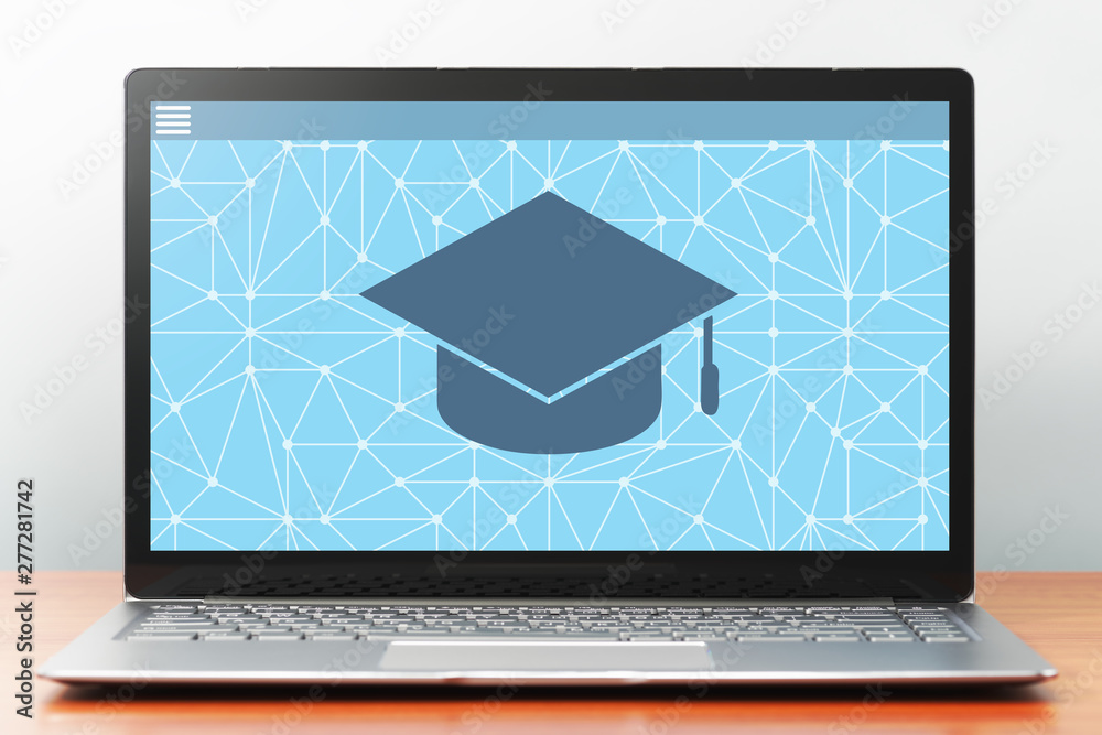 Poster e-learning concept image. laptop computer on wooden desk. application on screen. front view image.
