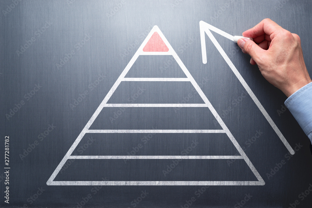Poster structure of company organization. businessman drawing pyramid and arrow on chalkboard.