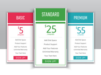 Pricing table in flat design style for your app's websites and applications.Hosting table banner.eps10 