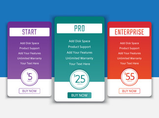 Pricing table in flat design style for your app's websites and applications.Hosting table banner.eps10 