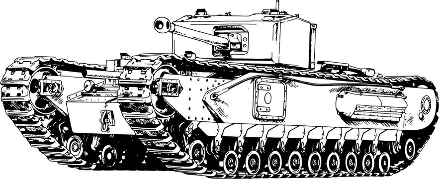 powerful tank with a gun drawn in ink freehand sketch	