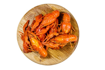 Boiled crayfish on wooden cutting board isolated on white background