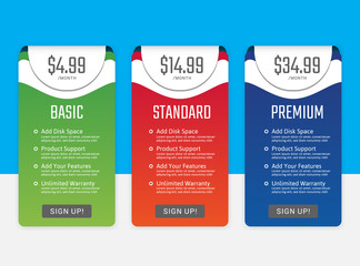 Pricing table in flat design style for your app's websites and applications.Hosting table banner.eps10 