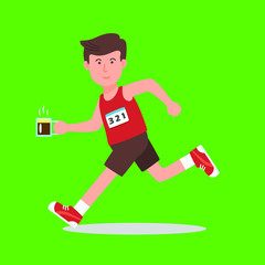 man running with coffe in his hand, flat style vector