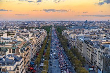 Paris France aerial view city skyline at Champs Elysees street