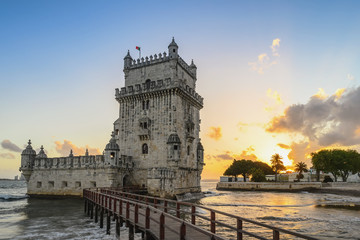 Lisbon Portugal sunset city skyline at Belem Tower and Tagus River