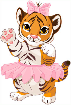 Illustration of cute playful tiger cub ballerina