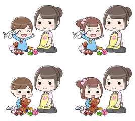 遊ぶ園児を見守る女性の先生　セット