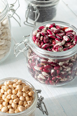 Raw grain bean in a glass jar. Source of protein for a vegetarian