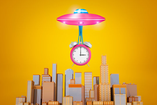 3d rendering of pink UFO with big pink alarm clock suspended on slime below it, flying above modern skyscraper city on yellow background.