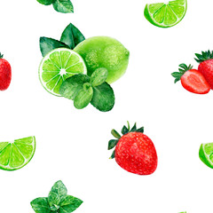Watercolor hand drawn strawberry, lime, mint isolated seamless pattern.