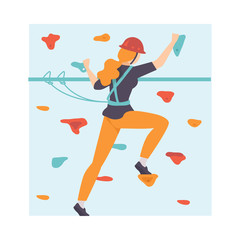Young Woman Scaling Wall, Woman Climbing in Adventure Park, Hobby, Extreme Sports Vector Illustration