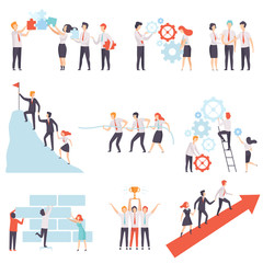 Office Colleagues Working Together Set, Successful Business Team, Teamwork, Cooperation, Partnership Vector Illustration