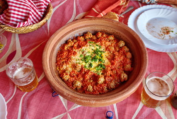 High angle view of the traditional Moroccan food tagine
