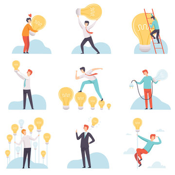 Businessmen with Glowing Light Bulbs Set, Business People Having Good Ideas, Brainstorming, Innovation, Creative Thinking Concept Vector Illustration