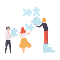 Business Team, Office Colleagues Connecting Puzzle Elements, People Working Together in Company, Teamwork, Cooperation, Partnership Vector Illustration