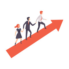 Business People Walking to Goal Along Growth Red Arrow Graph, Successful Business Team, Teamwork, Cooperation, Partnership Vector Illustration