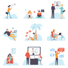 People Communicating Via Internet with Mobile Devices Set, Young Men and Women Chatting, Dating, Writing Emails, Searching for Information, Social Networking Vector Illustration
