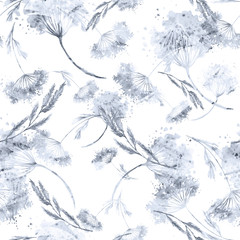 Watercolor seamless pattern, background with a floral pattern. Watercolor background, drawing with autumn with forest flowers, leaves, plants, berries branch. Black and white drawing. Grunge texture.