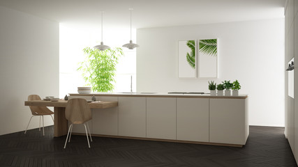 Modern clean contemporary white kitchen, island and wooden dining table with chairs, bamboo and potted plants, big window and herringbone parquet floor, minimalist interior design