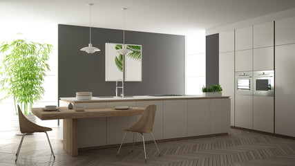 Modern clean contemporary white kitchen, island and wooden dining table with chairs, bamboo and potted plants, big window and herringbone parquet floor, minimalist interior design