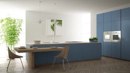 Modern clean contemporary blue kitchen, island and wooden dining table with chairs, bamboo and potted plants, big window and herringbone parquet floor, minimalist interior design