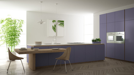 Modern clean contemporary purple kitchen, island and wooden dining table with chairs, bamboo and potted plants, big window and herringbone parquet floor, minimalist interior design